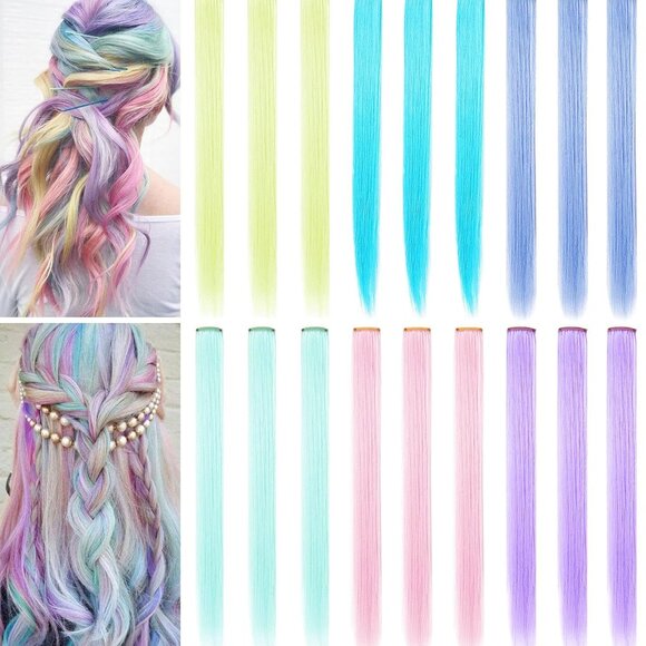 Colored Hair Extensions Synthetic 21 Inch Multi-colored Clip In Party Jewelry - Picture 1 of 8